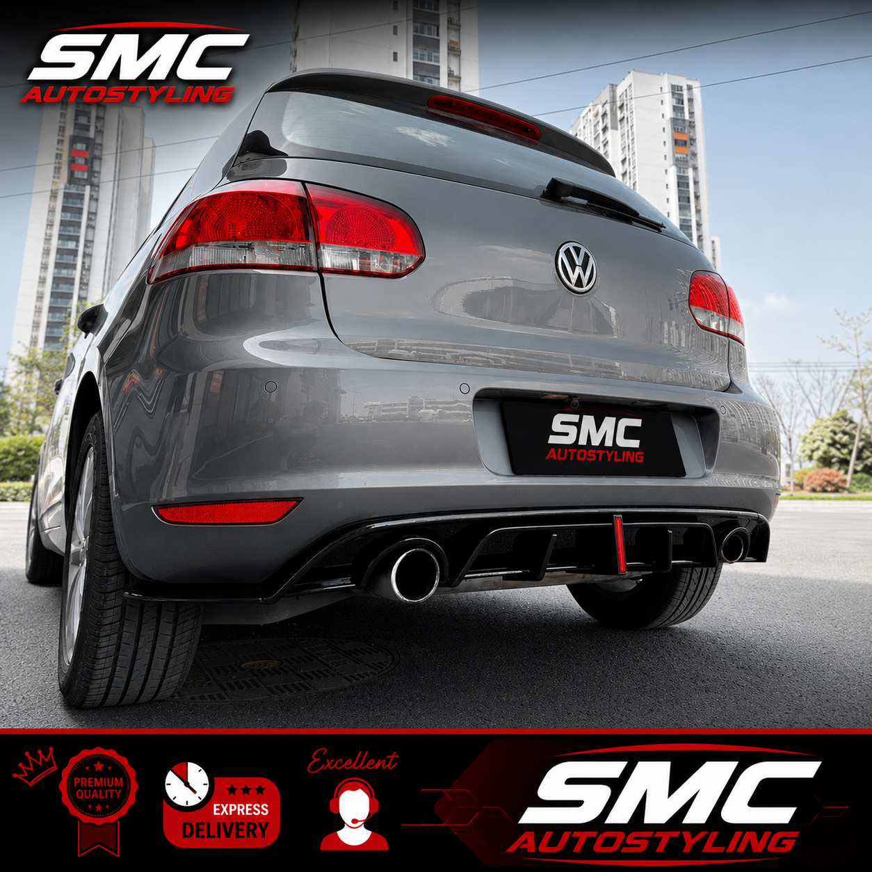 VW Golf Mk6 Gloss Black Rear Diffuser with Brake Light Dual Exit Standard 08-12
